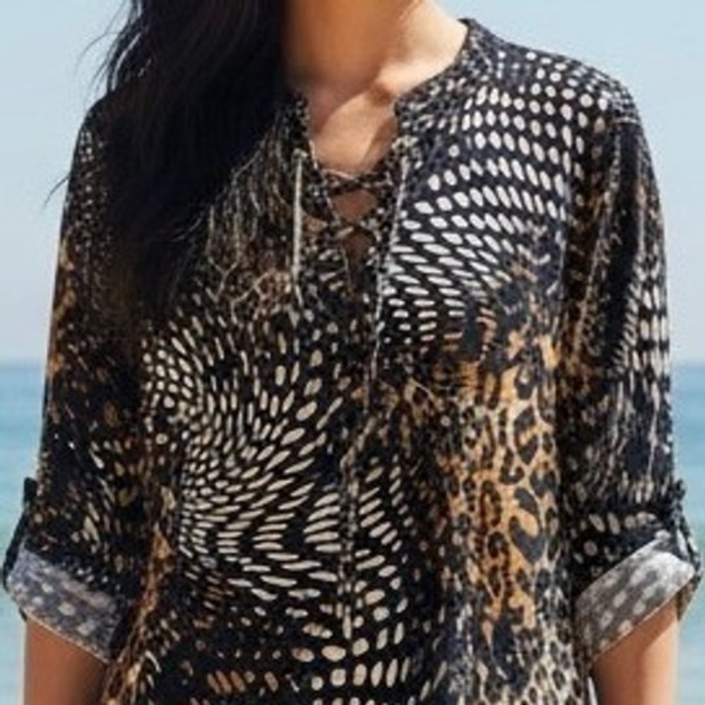 Venini Womens Leopard Dot Print Lace Up Tunic Top Rhinestone Grommets Sz S Boho